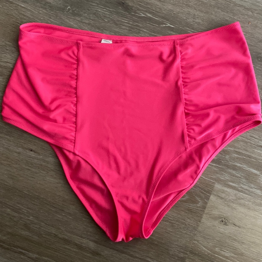 Neon Pink Aerie High Waisted Swim Bottoms, Full Coverage